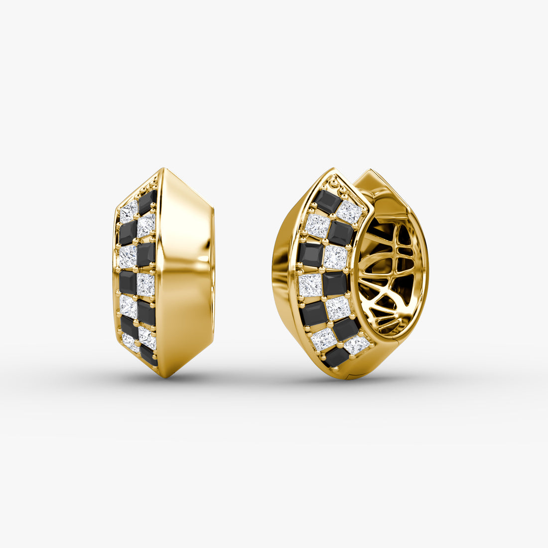Always, A. fine jewelry earrings called "Taxi Huggies" featuring white and black diamonds and 14k gold